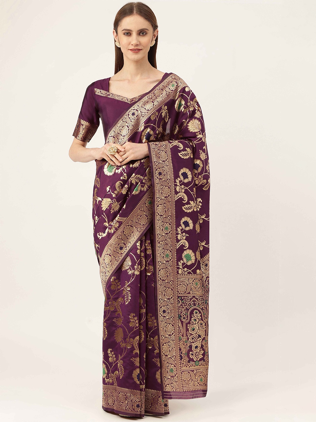 

HERE&NOW Purple & Gold-Toned Floral Woven Design Zari Kanjeevaram Saree