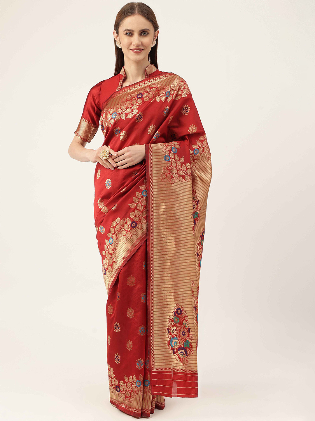 

HERE&NOW Red & Gold-Toned Floral Woven Design Zari Kanjeevaram Saree