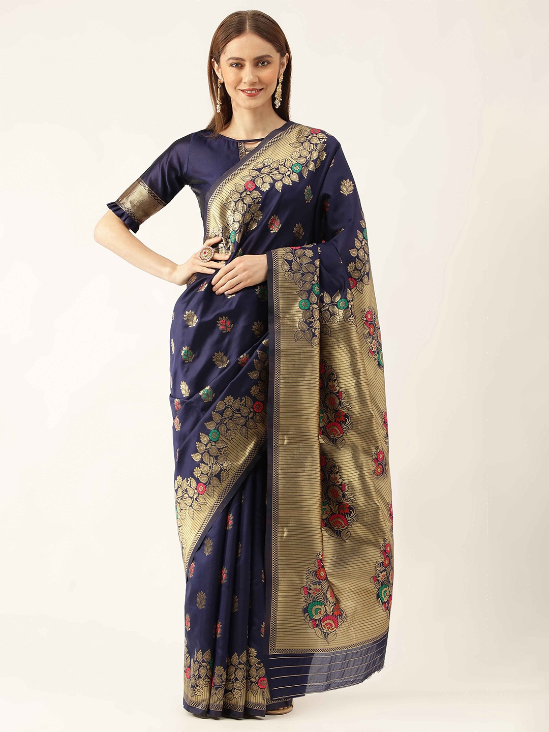 

HERE&NOW Blue & Red Floral Woven Design Zari Kanjeevaram Saree