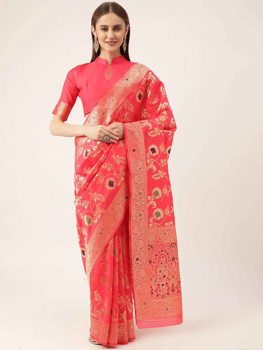 

HERE&NOW Pink & Gold-Toned Floral Woven Design Zari Kanjeevaram Saree