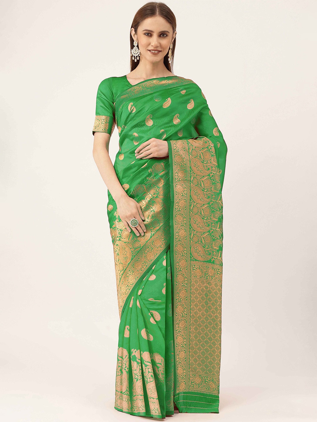 

HERE&NOW Green & Gold-Toned Paisley Woven Design Zari Banarasi Saree