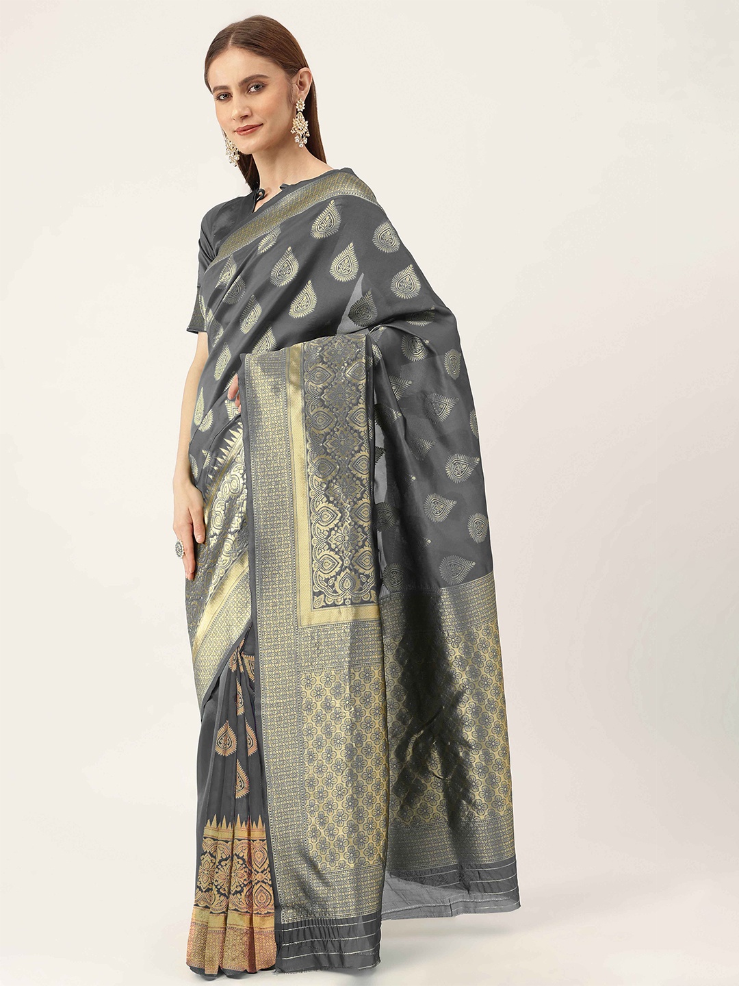 

HERE&NOW Grey & Gold-Toned Ethnic Woven Design Zari Banarasi Saree