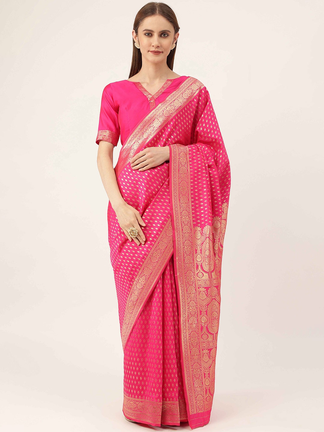 

HERE&NOW Pink & Gold-Toned Woven Design Zari Kanjeevaram Saree