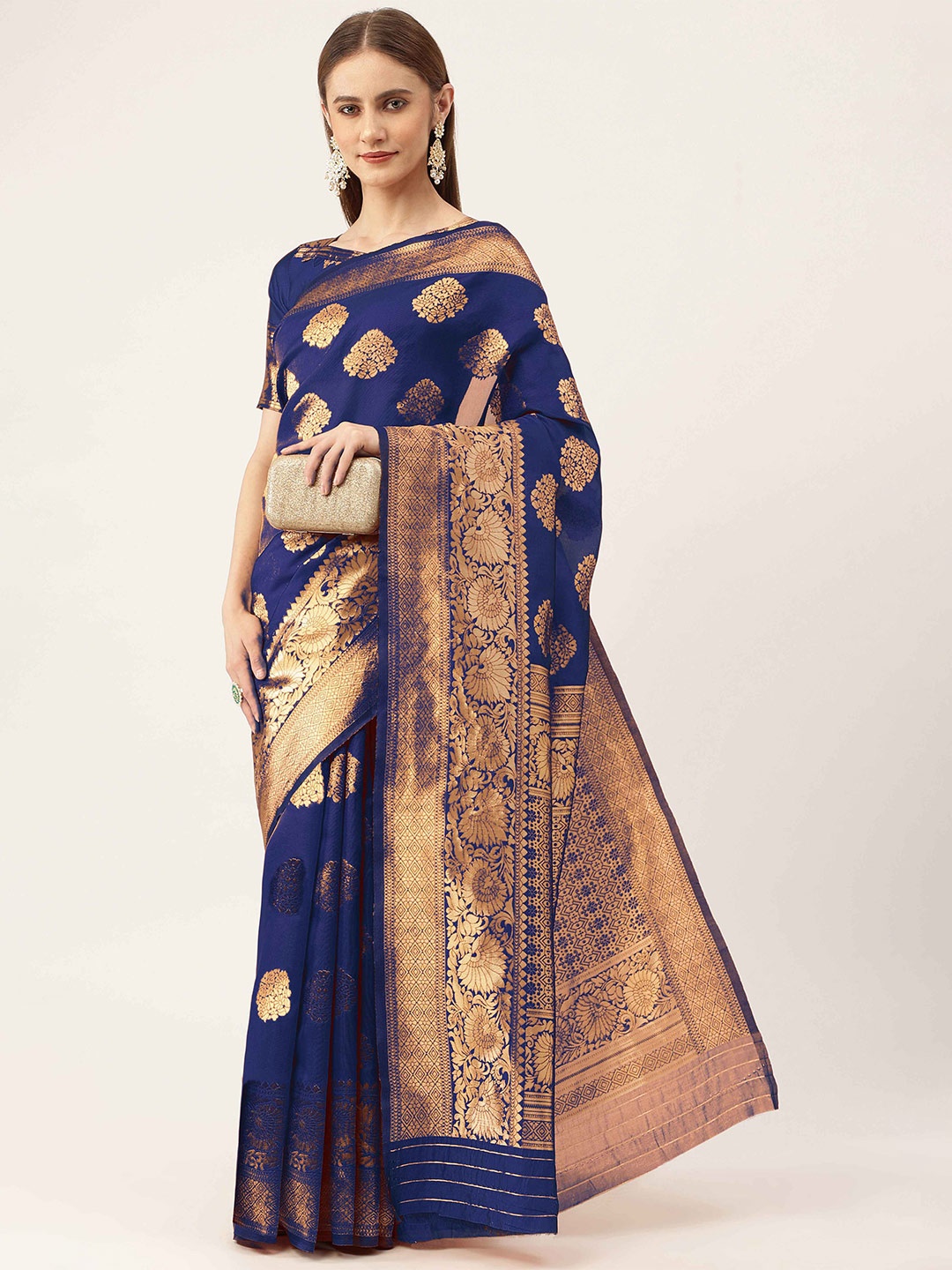 

HERE&NOW Blue & Gold-Toned Ethnic Woven Design Zari Banarasi Saree