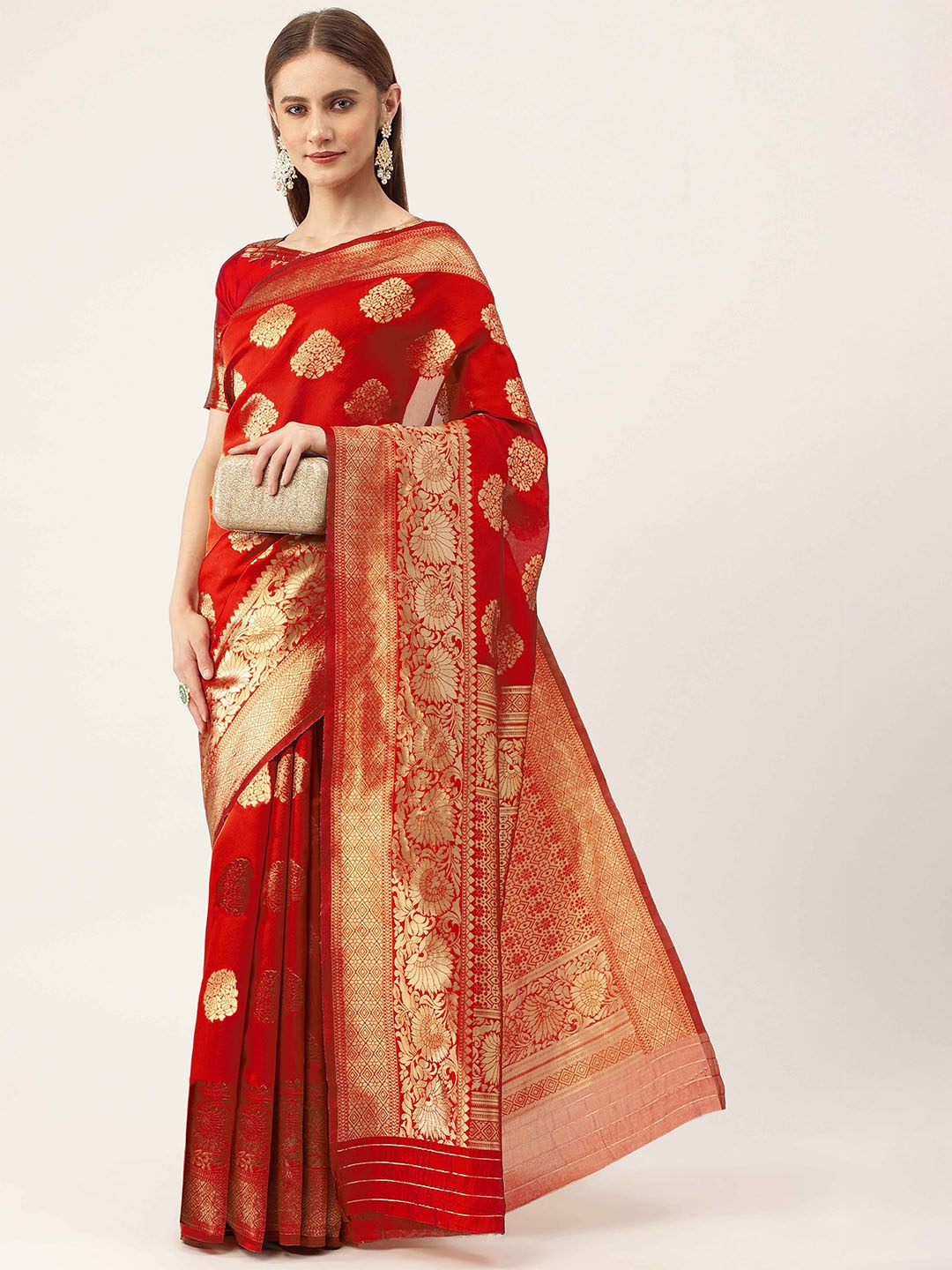 

HERE&NOW Red & Gold-Toned Ethnic Woven Design Zari Banarasi Saree