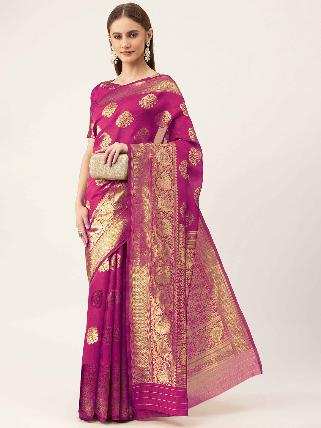 

HERE&NOW Pink & Gold-Toned Ethnic Woven Design Zari Banarasi Saree