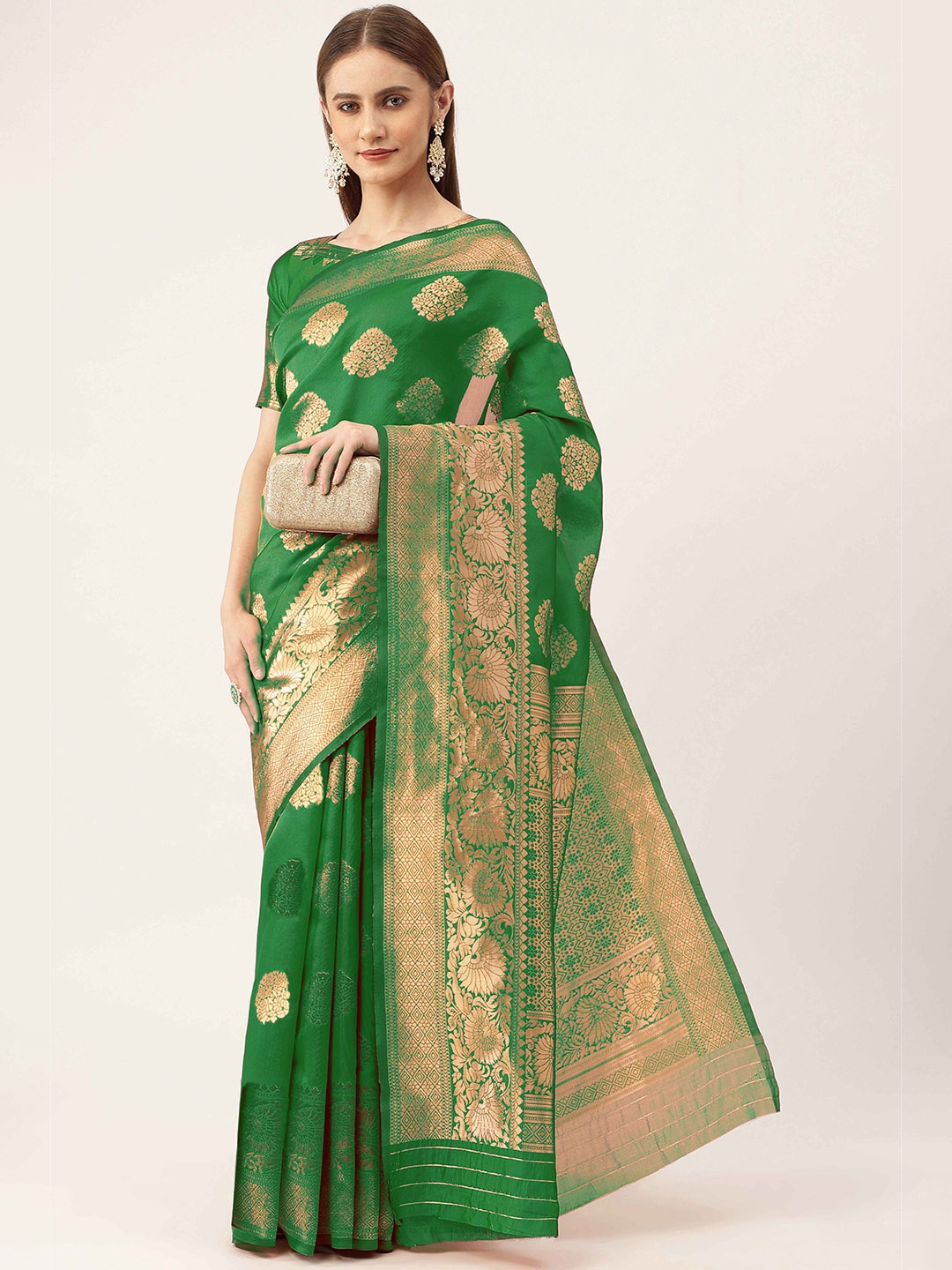 

HERE&NOW Green & Gold-Toned Floral Woven Design Zari Banarasi Saree