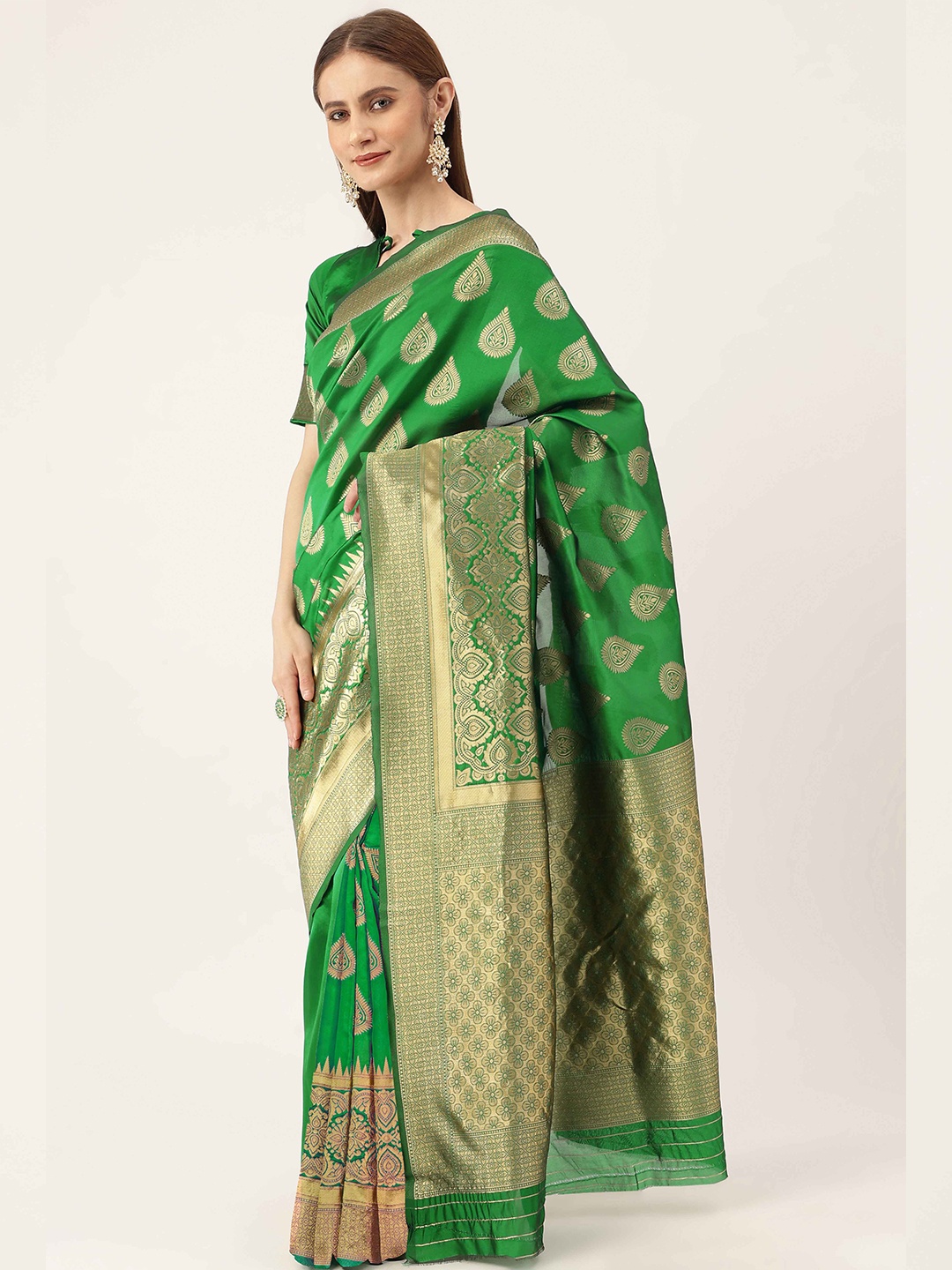 

HERE&NOW Green & Gold-Toned Ethnic Woven Design Zari Banarasi Saree