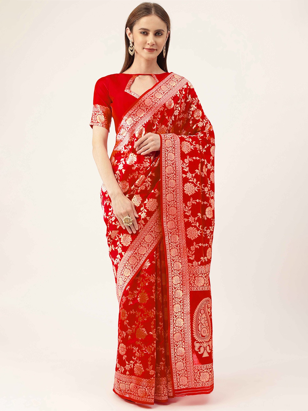 

HERE&NOW Red & Gold-Toned Floral Woven Design Zari Banarasi Saree
