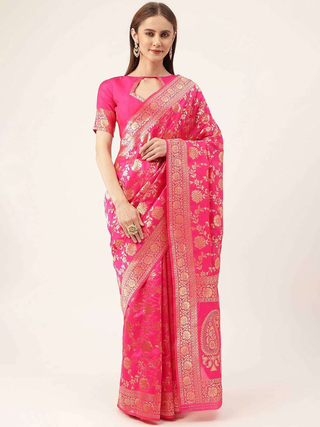 

HERE&NOW Pink & Gold-Toned Floral Woven Design Zari Banarasi Saree