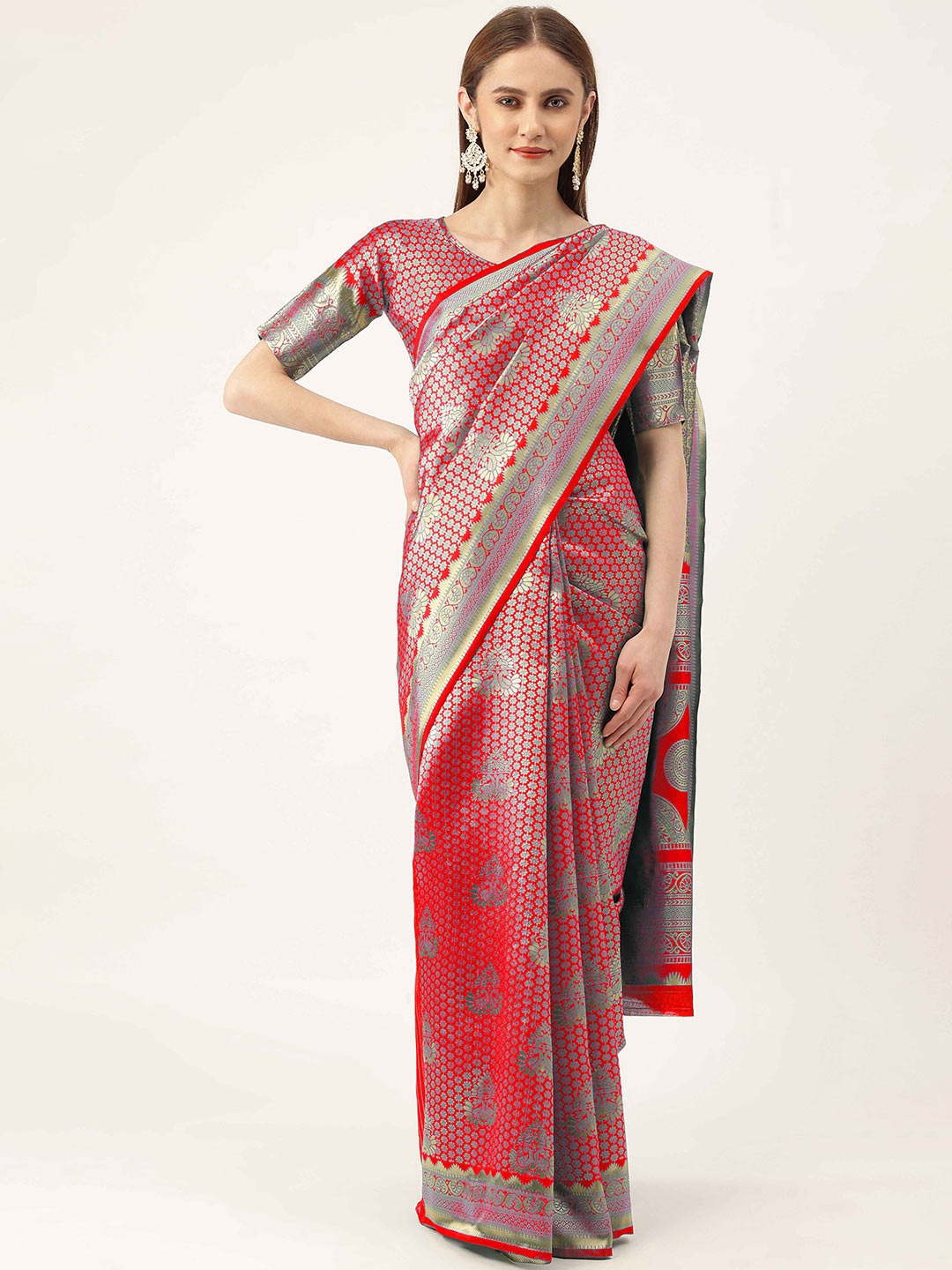 

HERE&NOW Red & Gold-Toned Floral Woven Design Zari Banarasi Saree