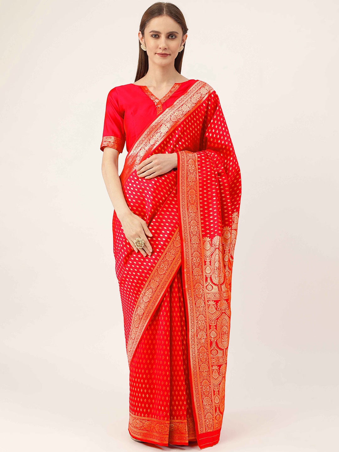 

HERE&NOW Red & Gold-Toned Ethnic Woven Design Zari Kanjeevaram Saree