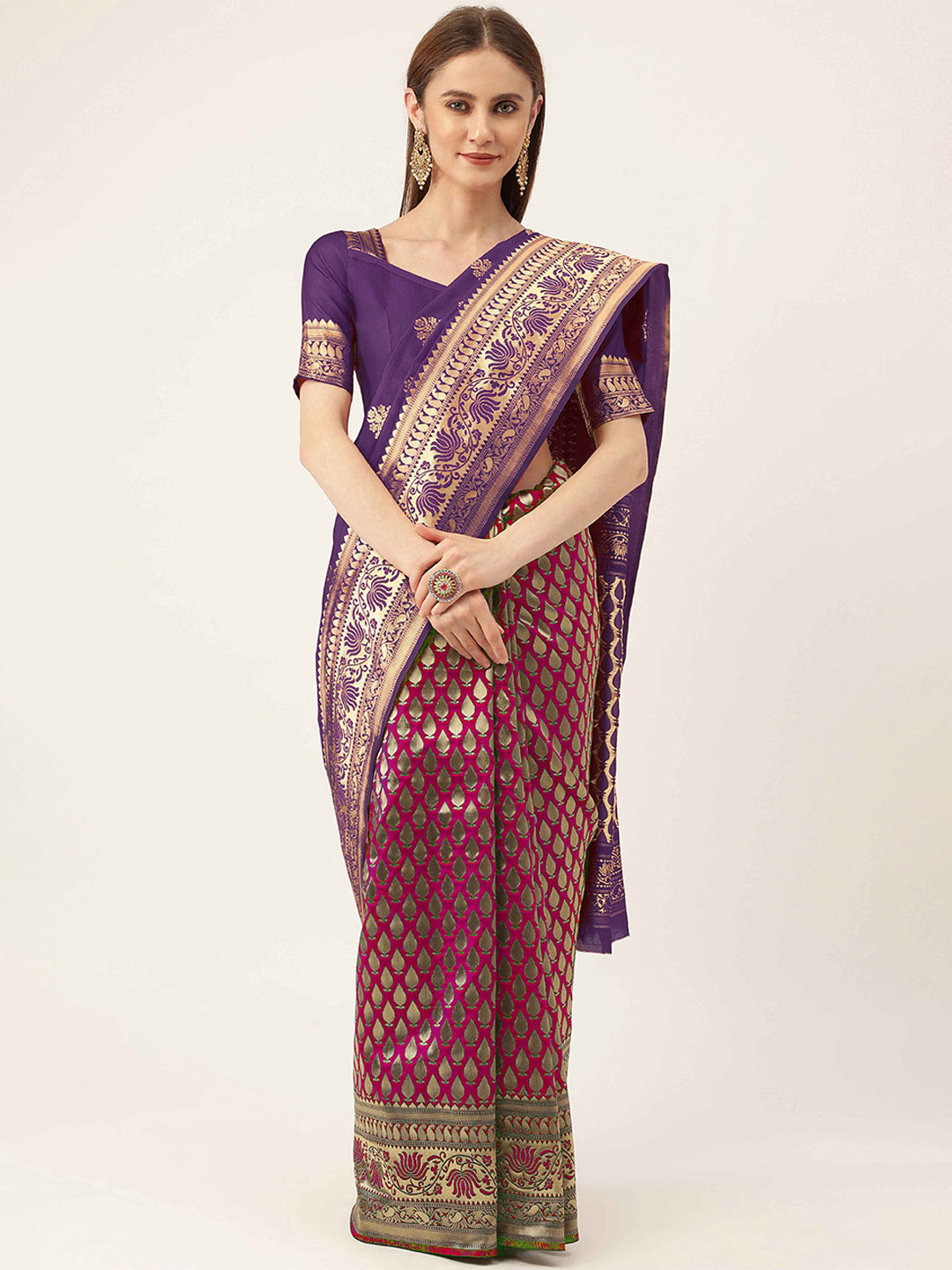 

HERE&NOW Violet & Gold-Toned Ethnic Woven Design Zari Kanjeevaram Saree