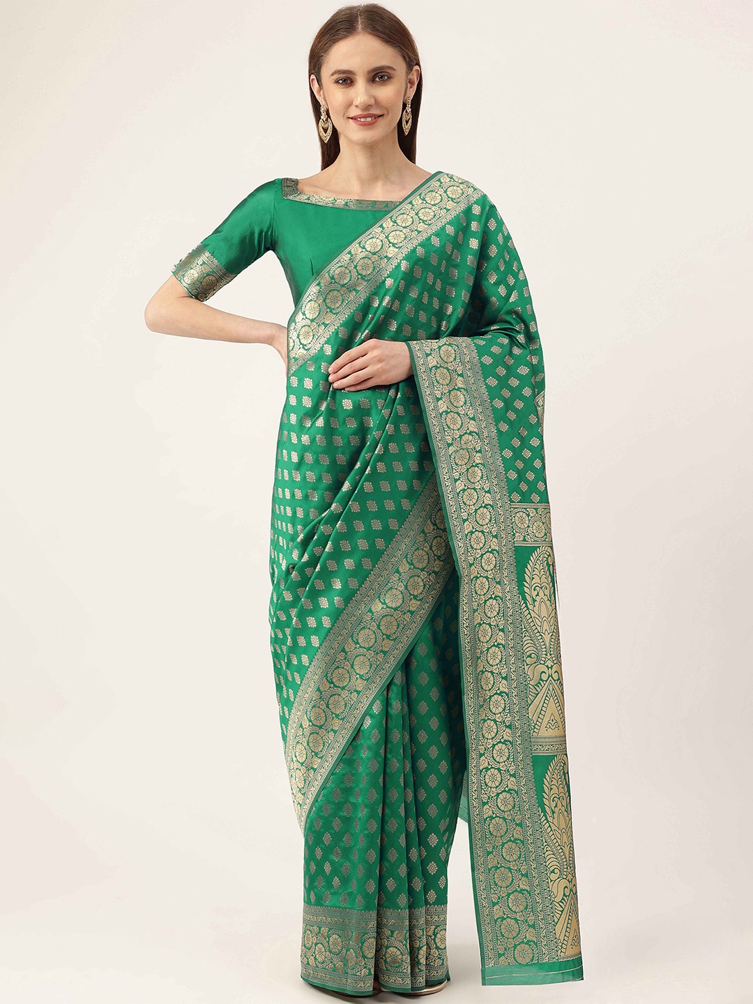 

HERE&NOW Green & Gold-Toned Ethnic Woven Design Zari Banarasi Saree