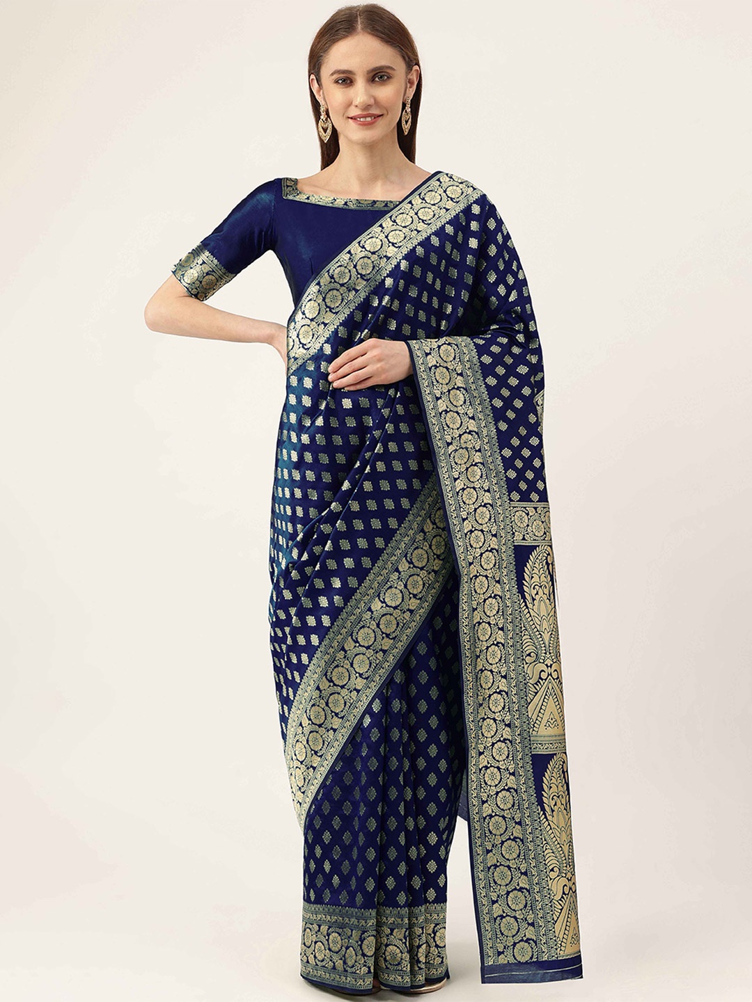 

HERE&NOW Blue & Gold-Toned Ethnic Woven Design Zari Banarasi Saree