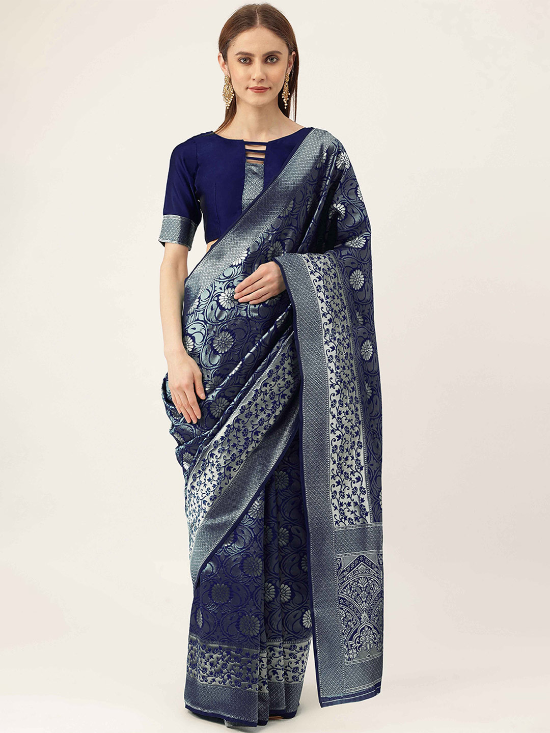 

HERE&NOW Blue & Silver-Toned Floral Woven Design Zari Kanjeevaram Saree