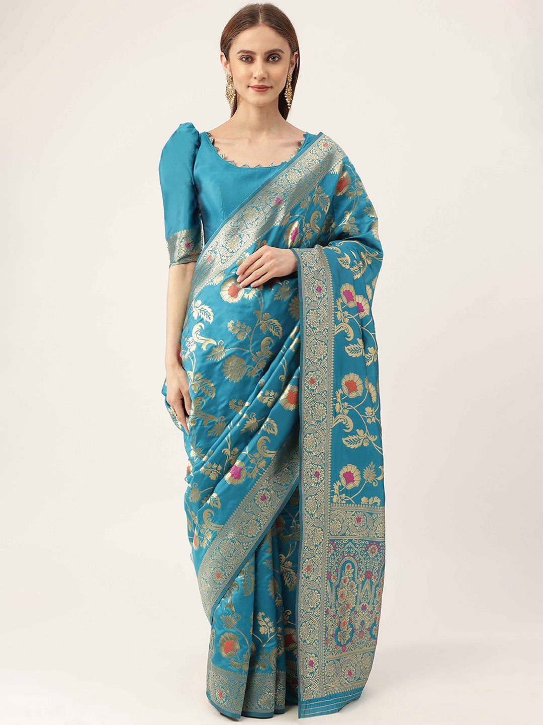 

HERE&NOW Blue & Gold-Toned Floral Woven Design Zari Kanjeevaram Saree