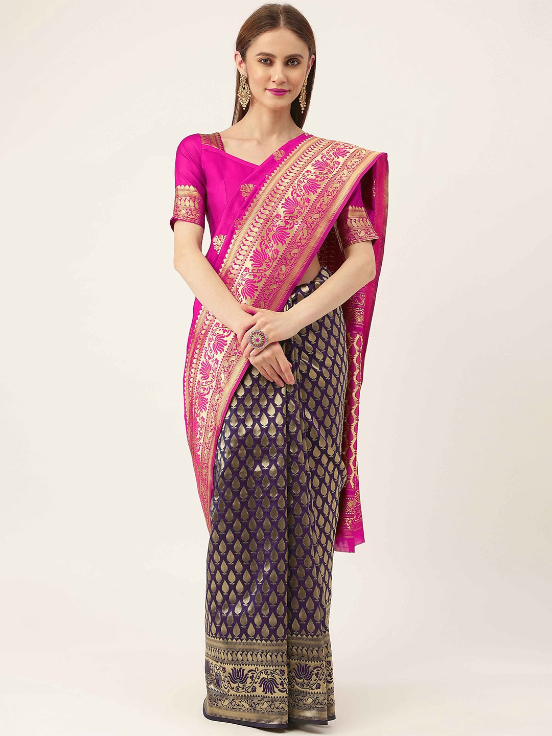 

HERE&NOW Purple & Voilet Ethnic Woven Design Zari Half and Half Kanjeevaram Saree