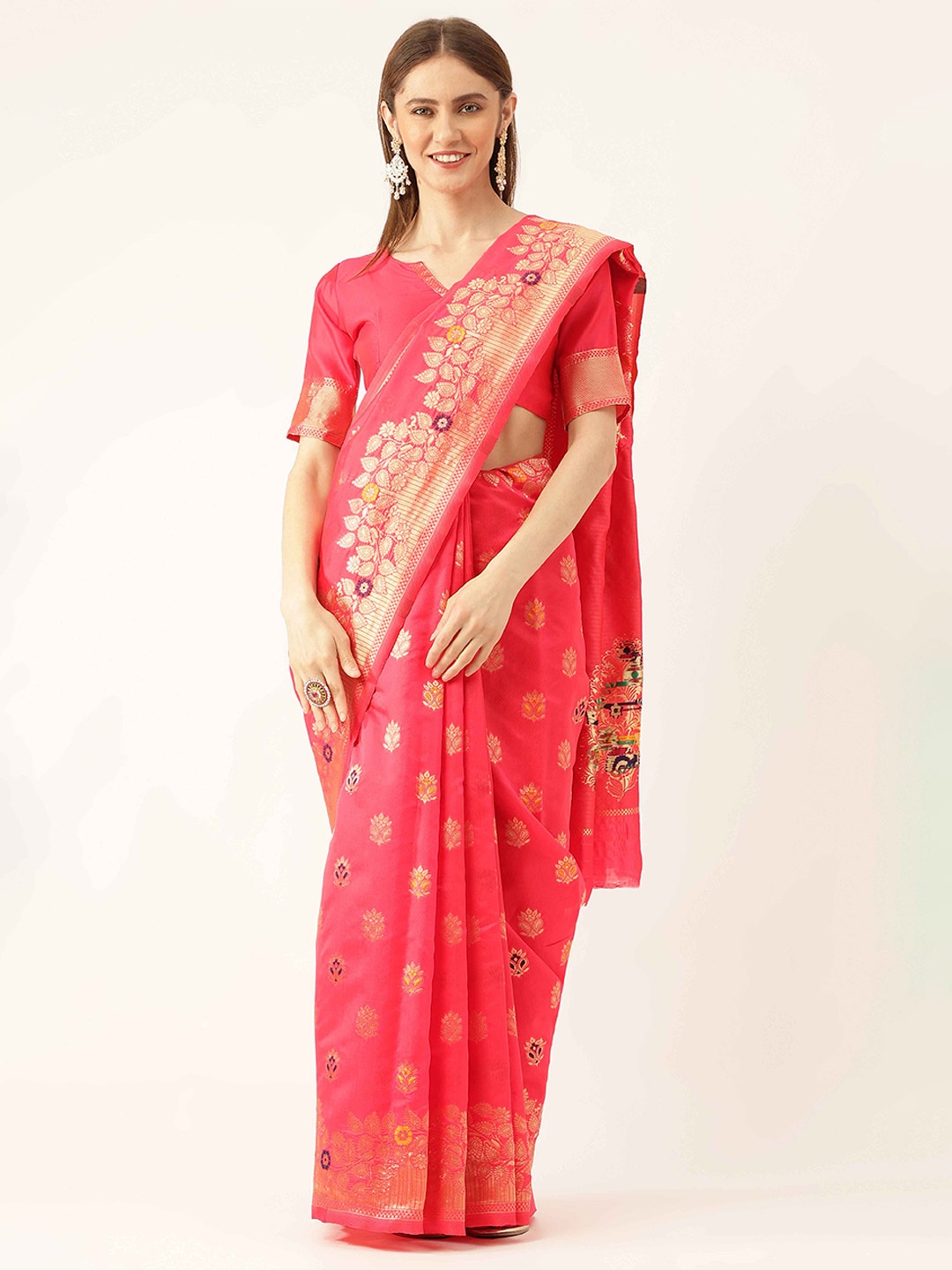 

HERE&NOW Pink & Gold-Toned Ethnic Woven Design Zari Kanjeevaram Saree