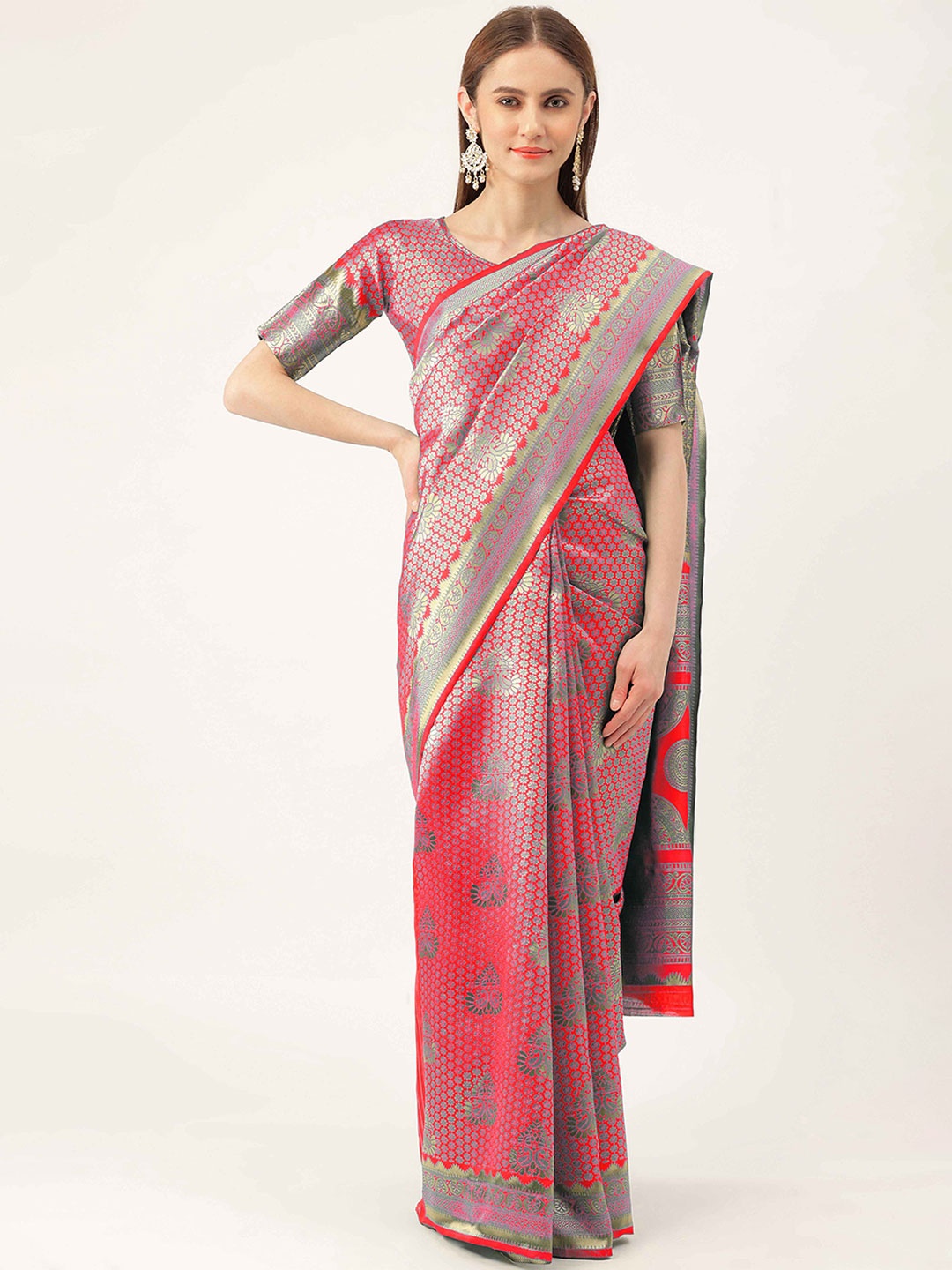 

HERE&NOW Floral Woven Design Zari Banarasi Saree, Pink