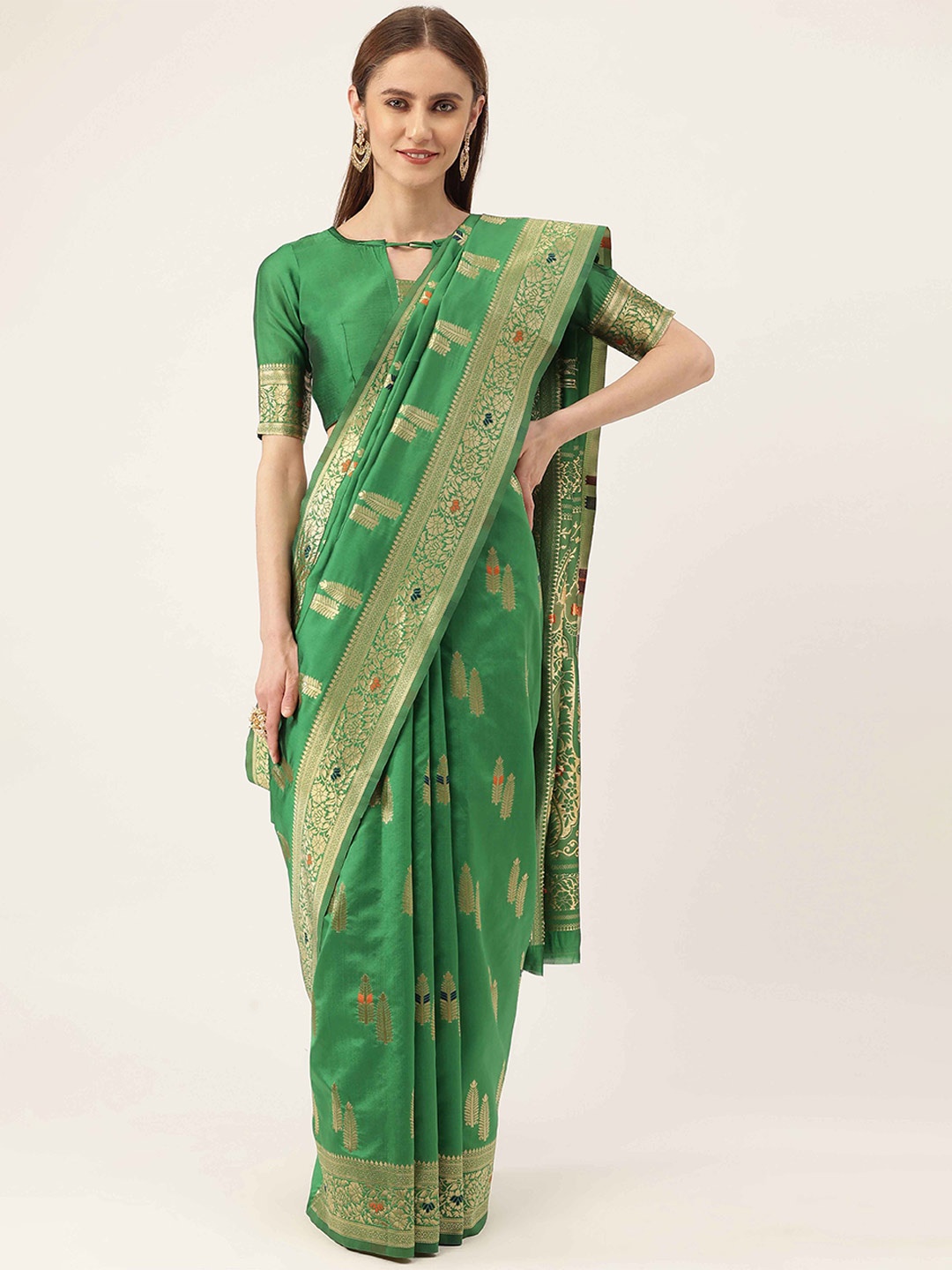 

HERE&NOW Green & Gold-Toned Woven Design Zari Kanjeevaram Saree