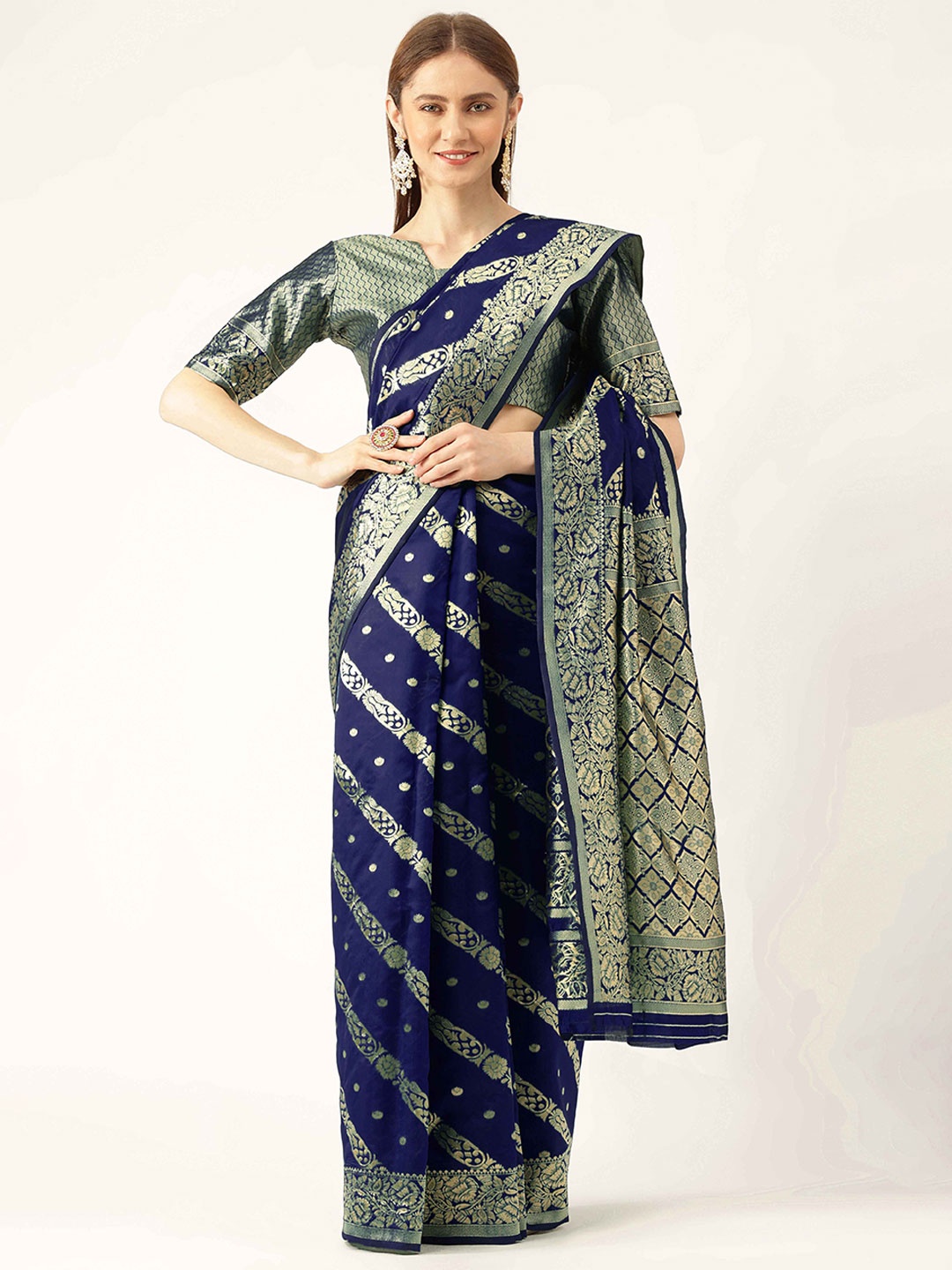 

HERE&NOW Blue & Gold-Toned Floral Woven Design Zari Banarasi Saree