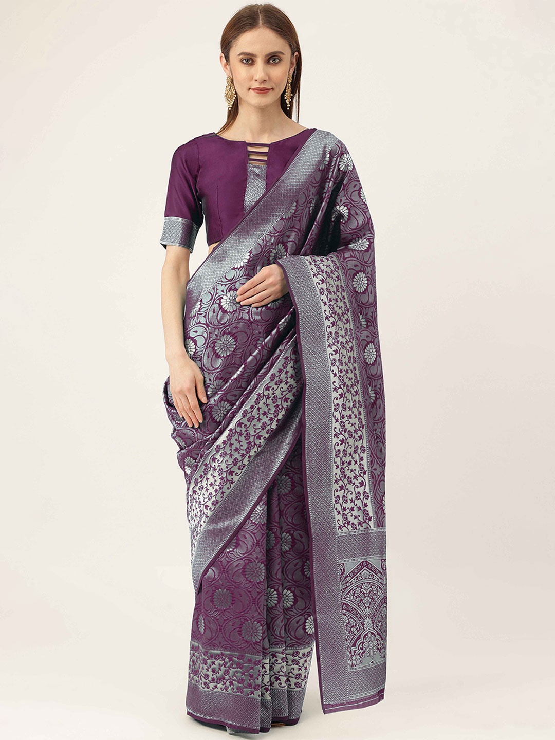 

HERE&NOW Purple & Silver-Toned Floral Woven Design Zari Kanjeevaram Saree