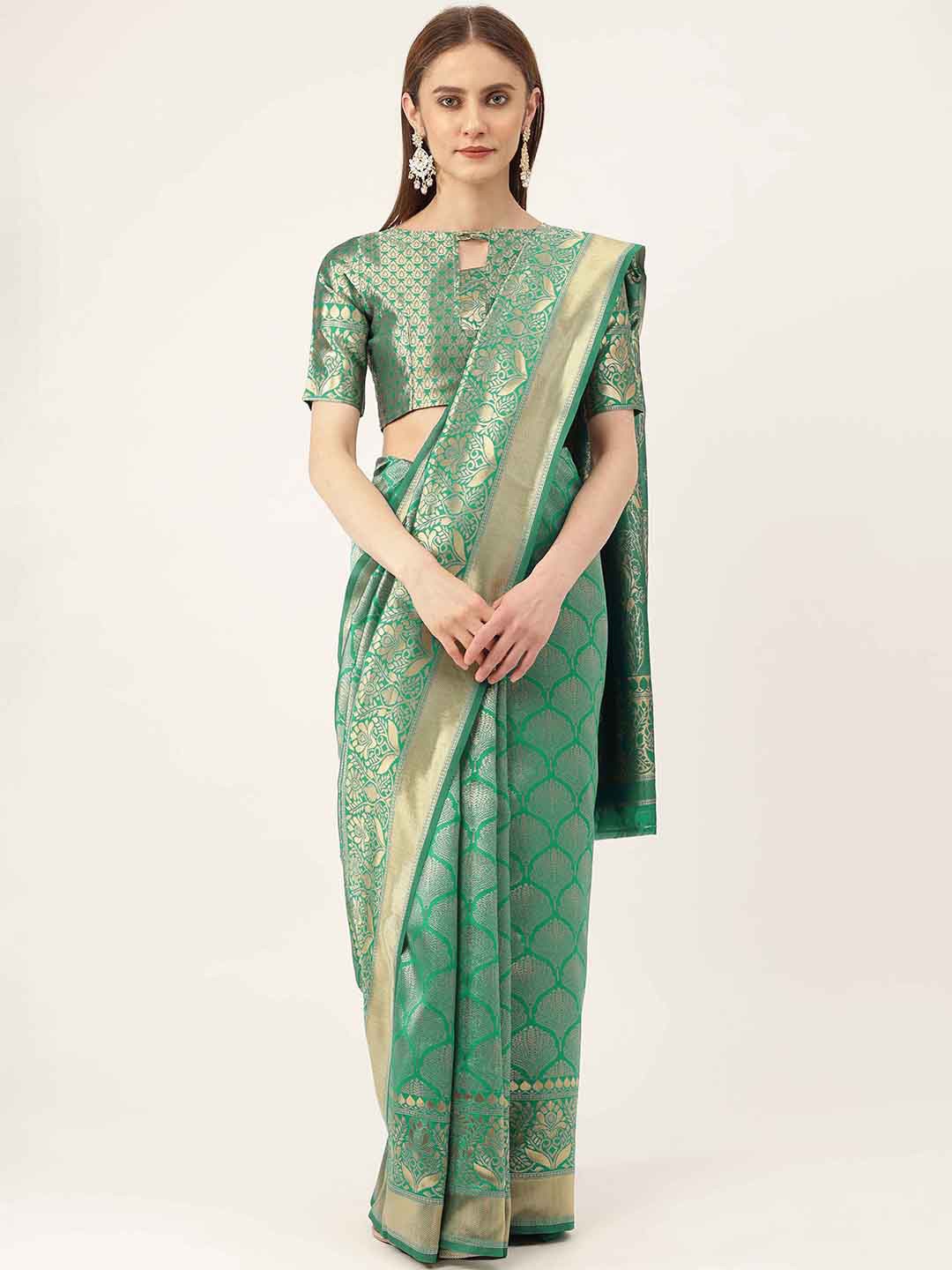 

HERE&NOW Green & Gold-Toned Woven Design Zari Banarasi Saree