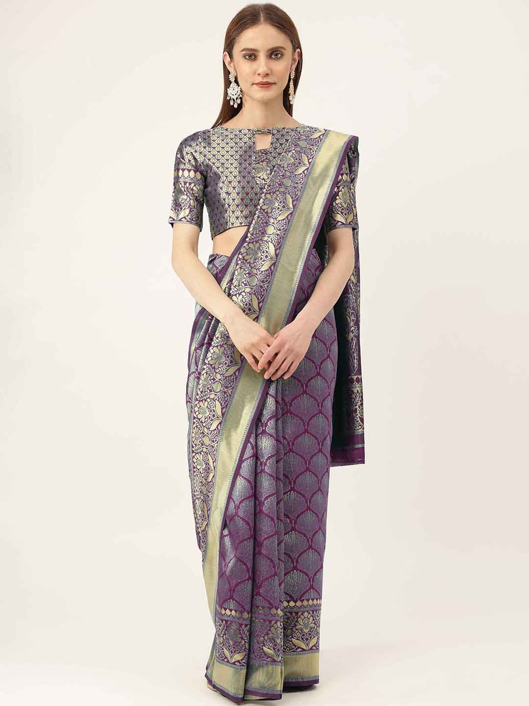 

HERE&NOW Purple & Gold-Toned Woven Design Zari Banarasi Saree
