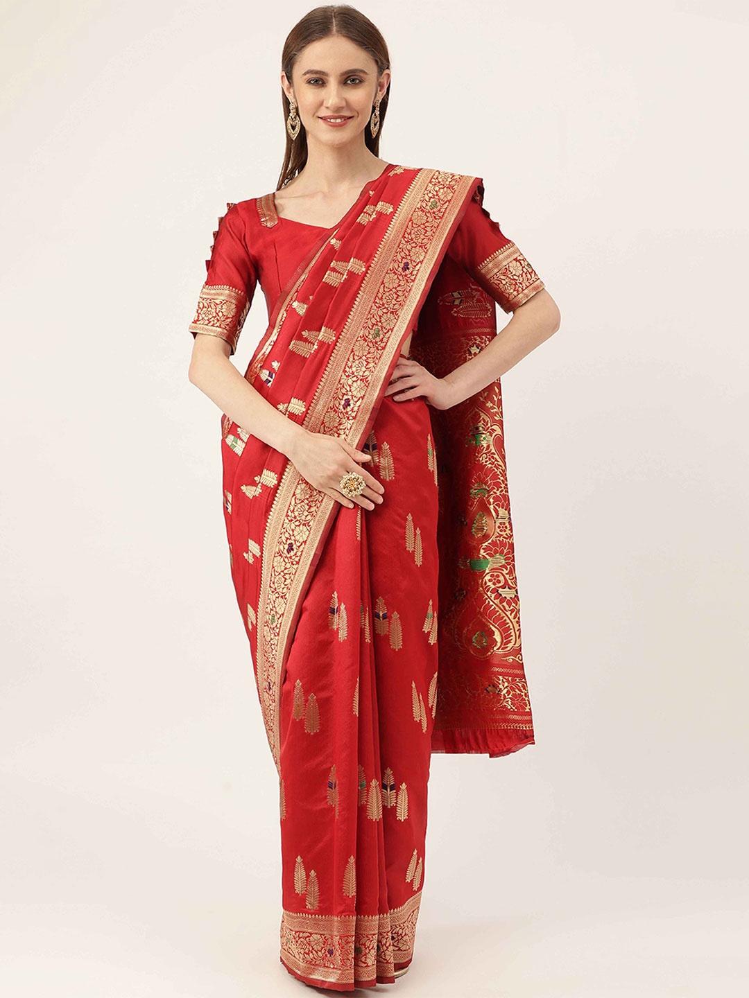 

HERE&NOW Red & Gold-Toned Ethnic Woven Design Zari Kanjeevaram Saree