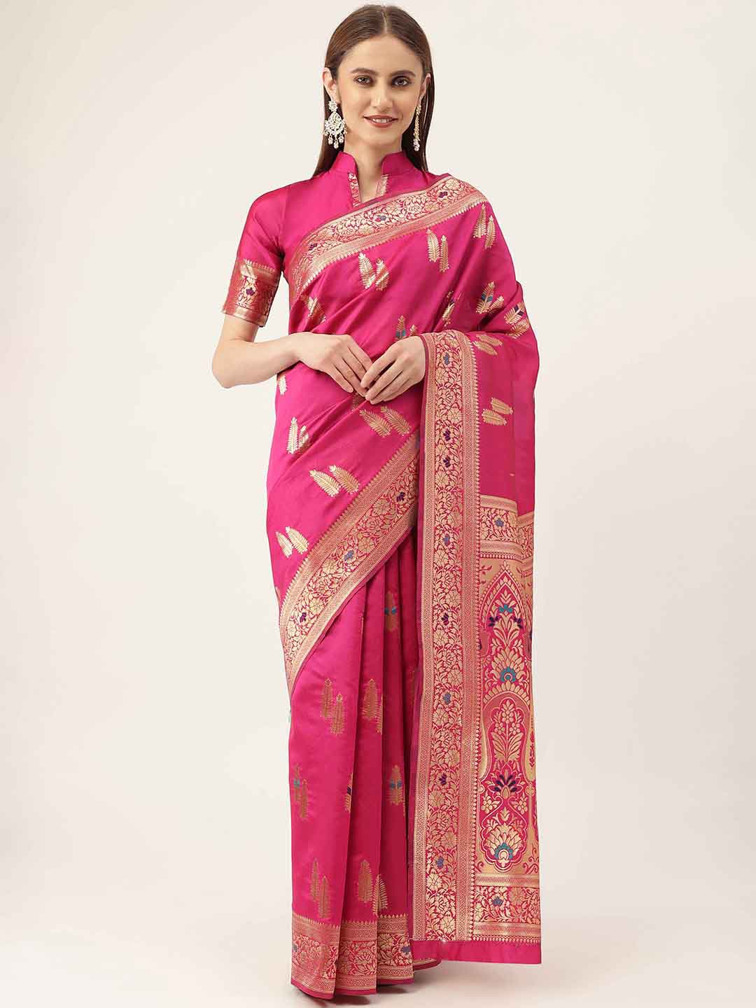

HERE&NOW Pink & Gold-Toned Ethnic Woven Design Zari Kanjeevaram Saree