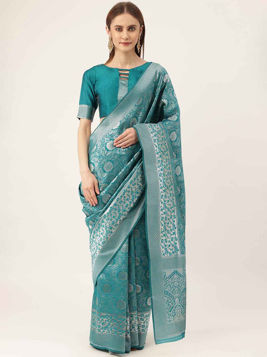 

HERE&NOW Sky Blue & Gold-Toned Floral Woven Design Zari Kanjeevaram Saree