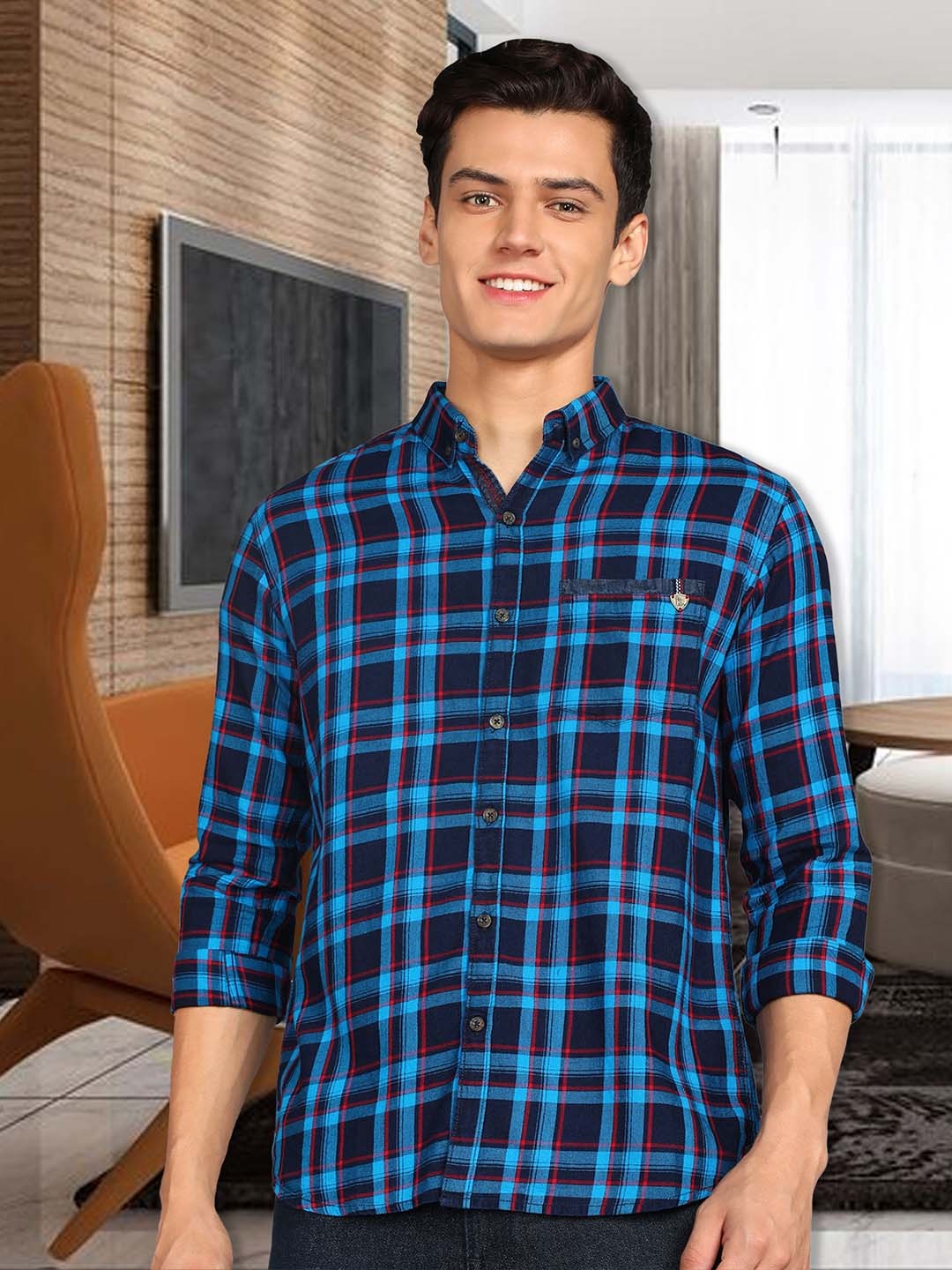 

Kuons Avenue Smart Slim Fit Checked Button-Down Collar Twill Cotton Casual Shirt, Blue