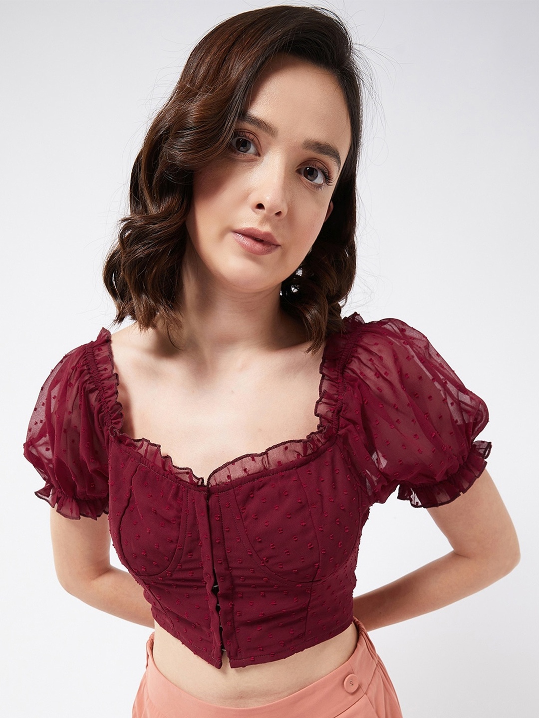 

MAGRE Maroon Sweetheart Neck Puff Sleeve Georgette Crop Top