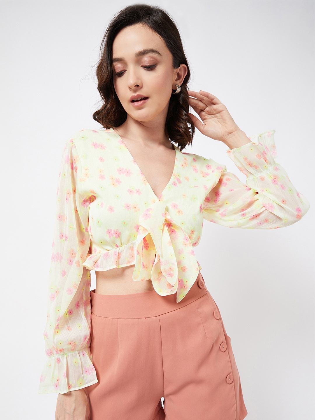 

MAGRE Yellow Floral Printed Bell Sleeves Georgette Crop Top