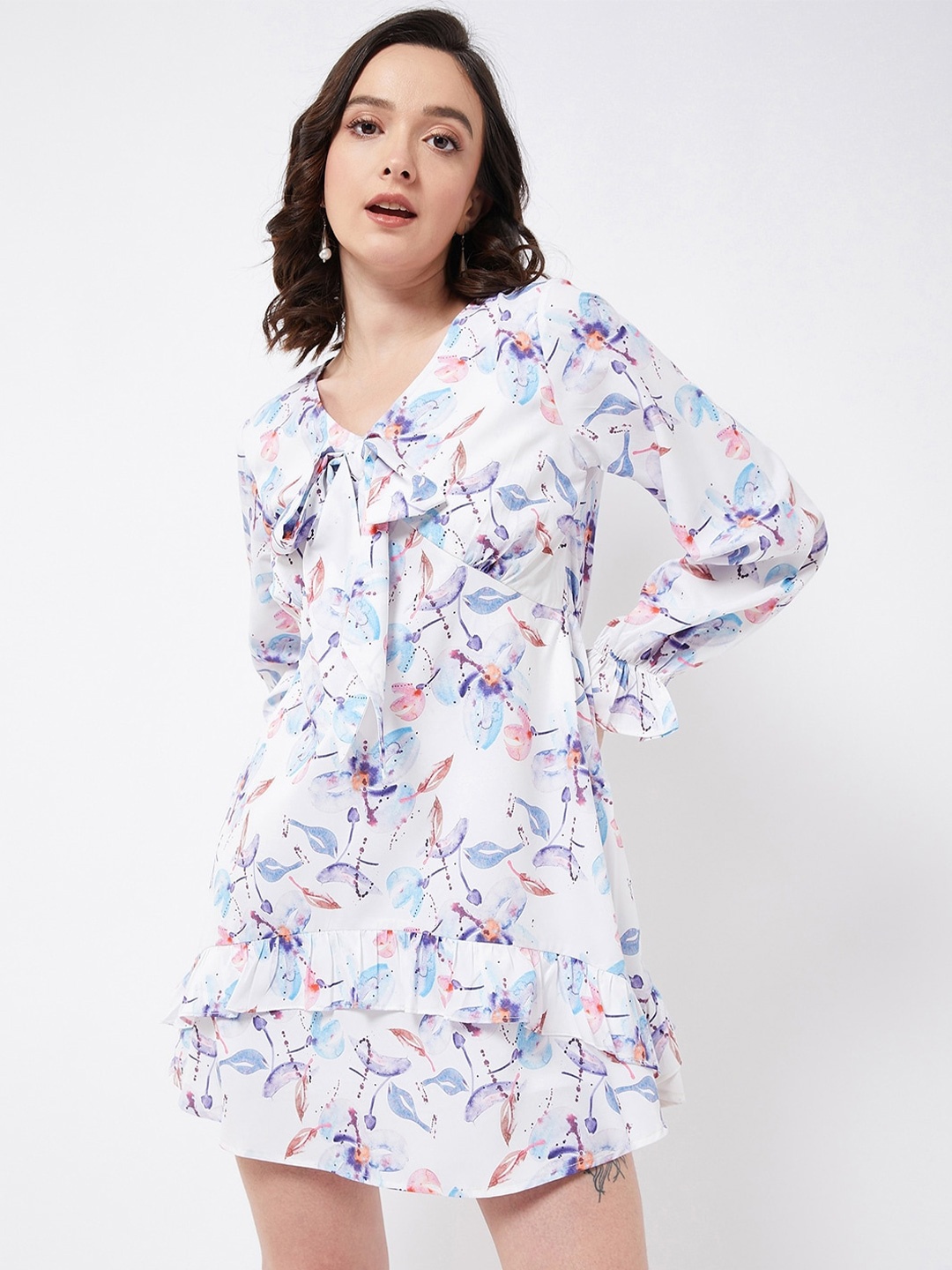 

MAGRE White Floral Print Bell Sleeve Georgette Dress