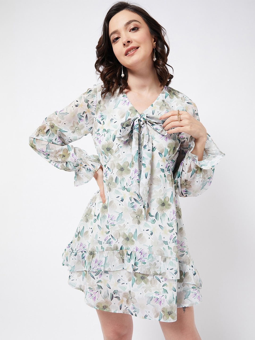 

MAGRE White Floral Print Tie-Up Neck Bell Sleeve Georgette A-Line Dress