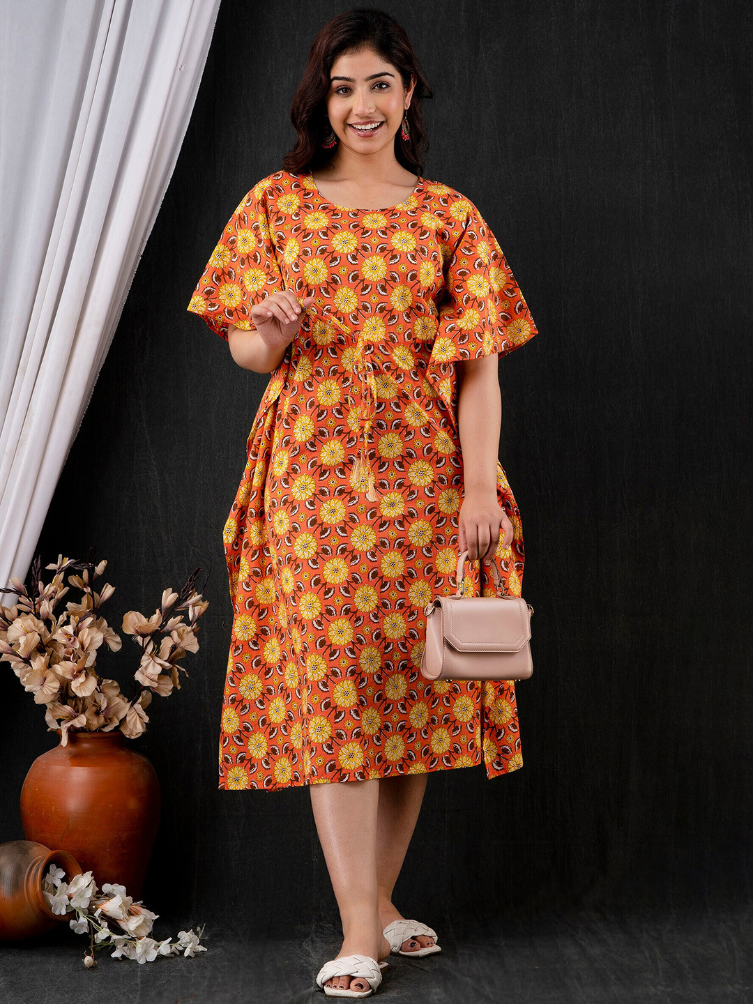 

Mialo fashion Floral Printed Kaftan Midi Dress, Orange