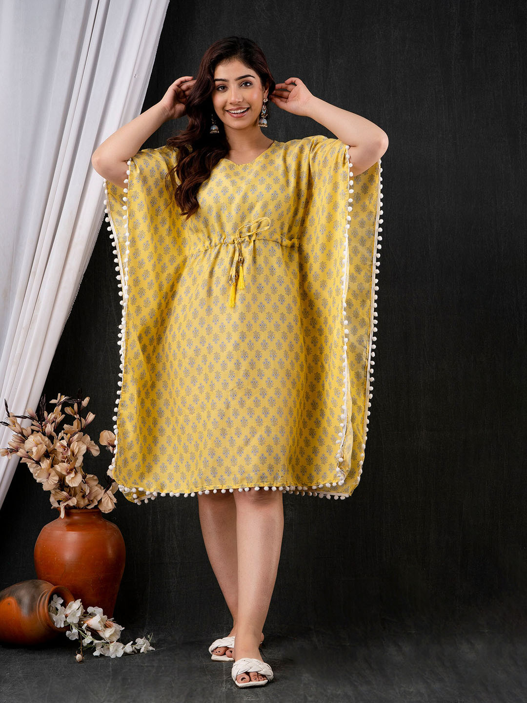 

Mialo fashion Pom-Pom Detailed Floral Printed Kaftan Ethnic Dress, Yellow