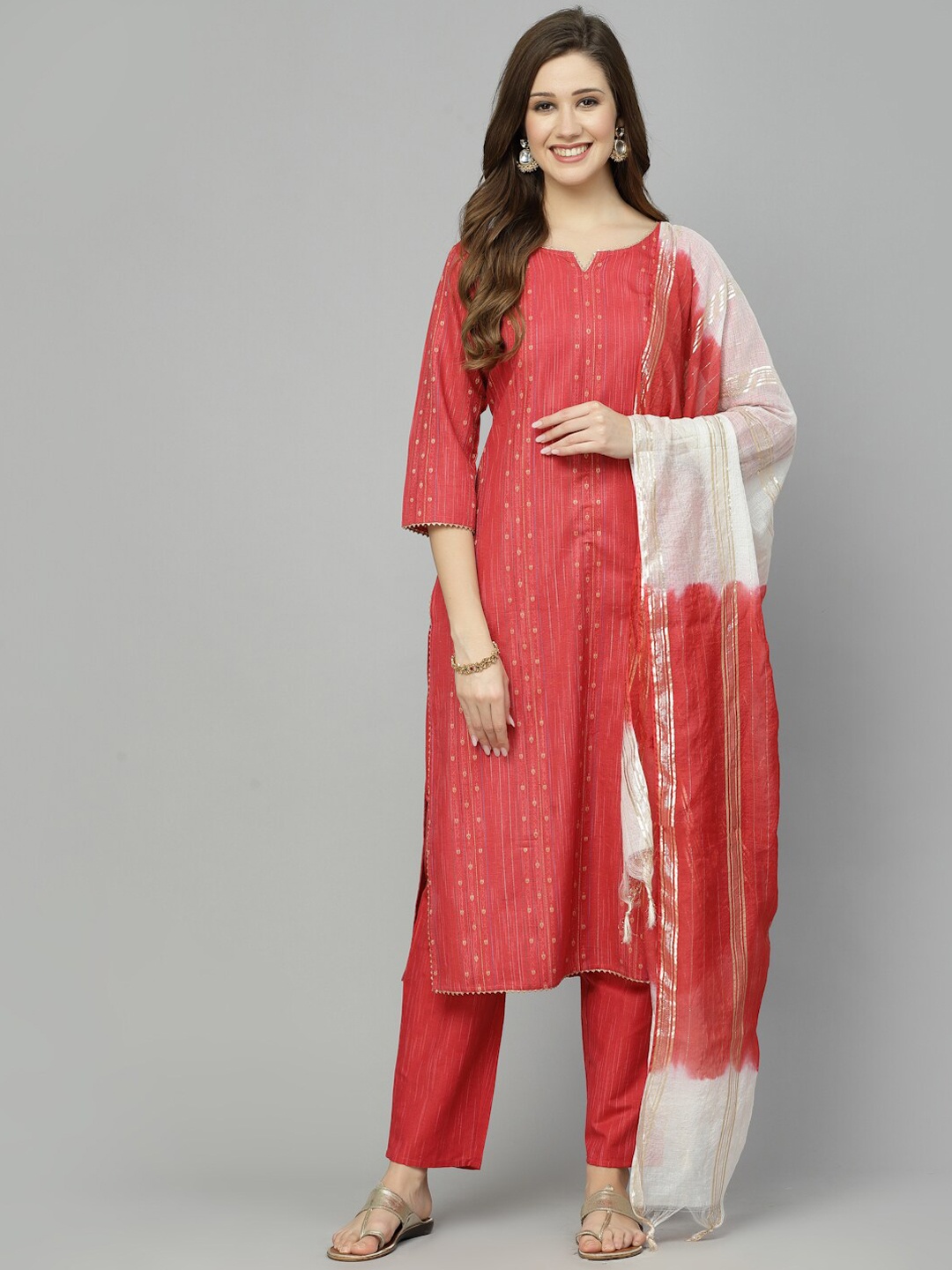 

Stylum Red & White Ethnic Motifs Printed Gotta Patti Kurta with Trousers & Dupatta