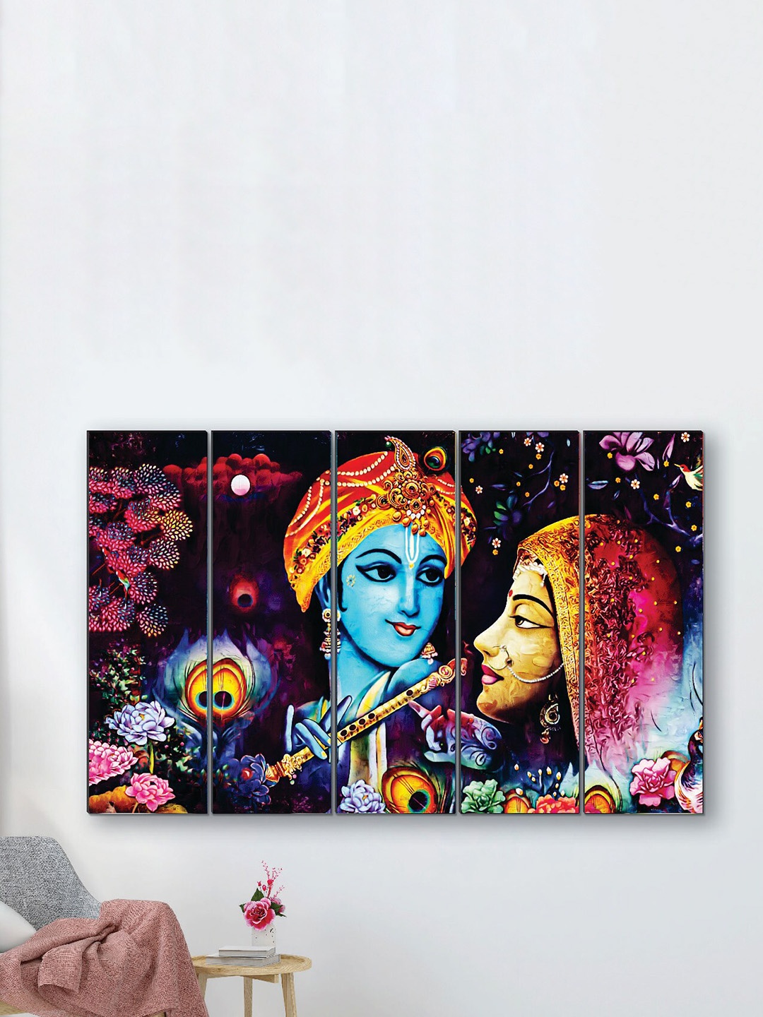 

SAF Blue & Pink 5 Pieces Radha Krishna Religious Framed Wall Art Painting