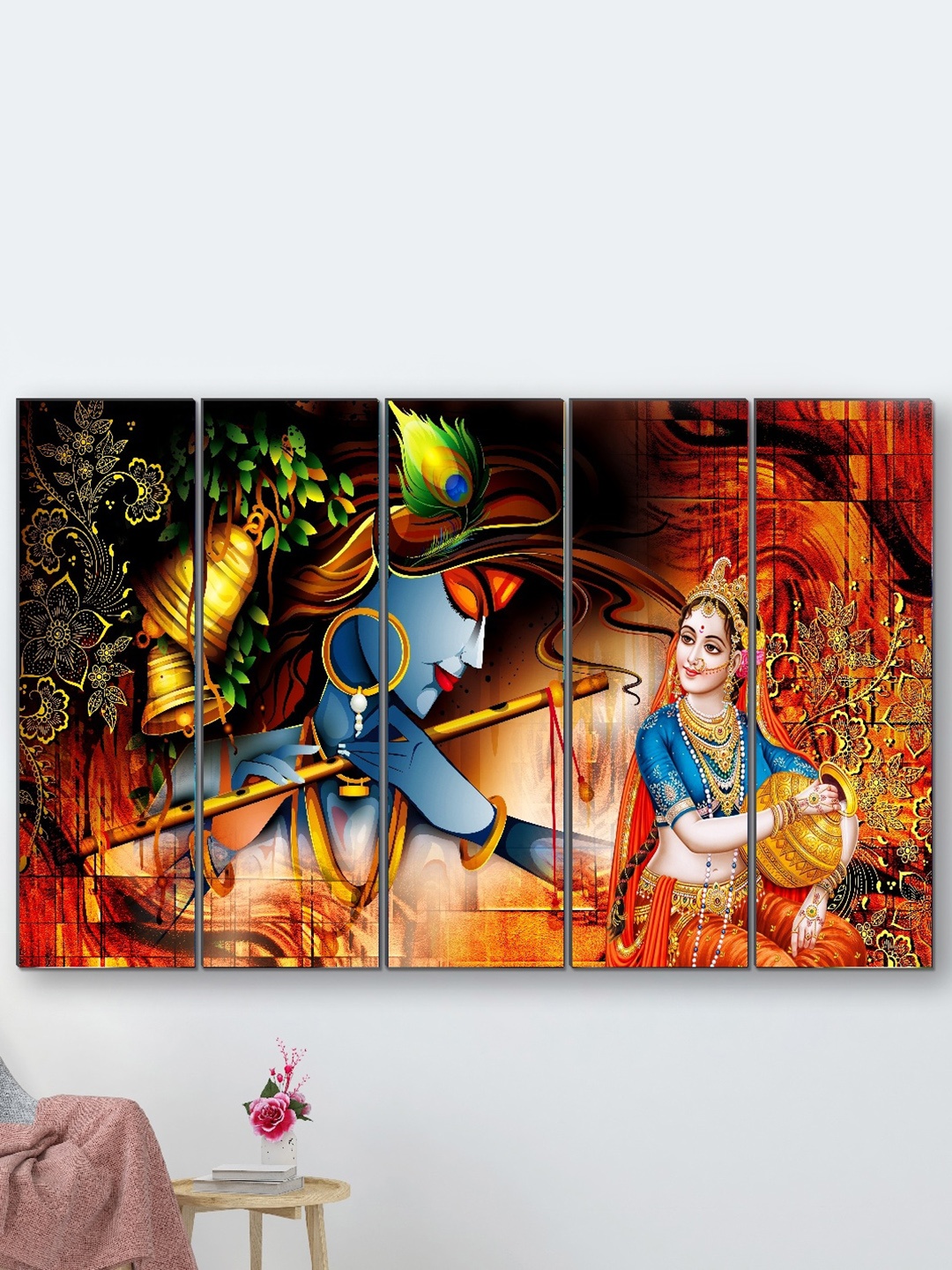 

SAF Brown & Yellow 5 Pieces Radha Krishna Religious Framed Wall Painting