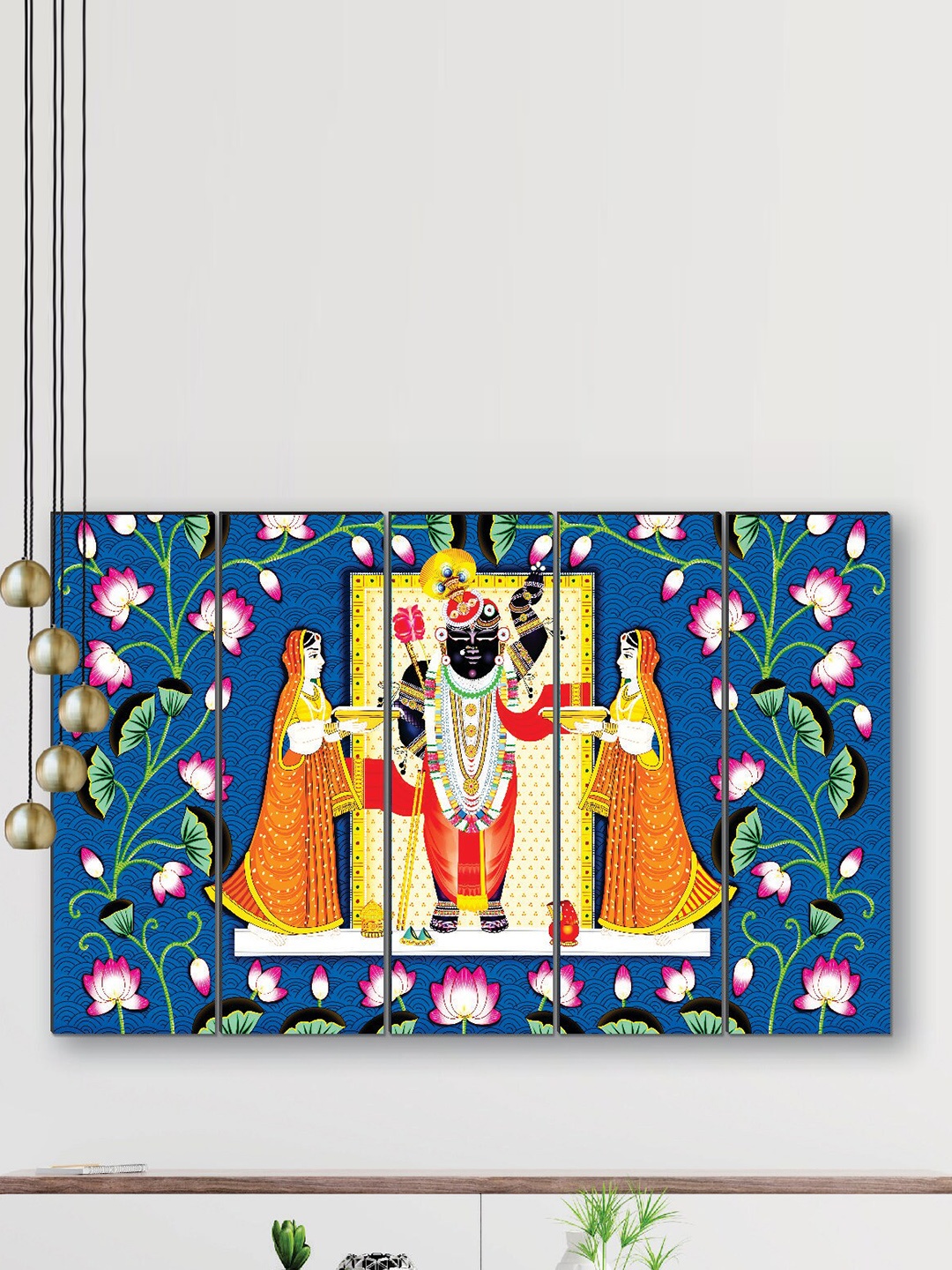 

SAF Blue & Orange 5 Pieces Shrinath ji Religious Framed Wall Painting