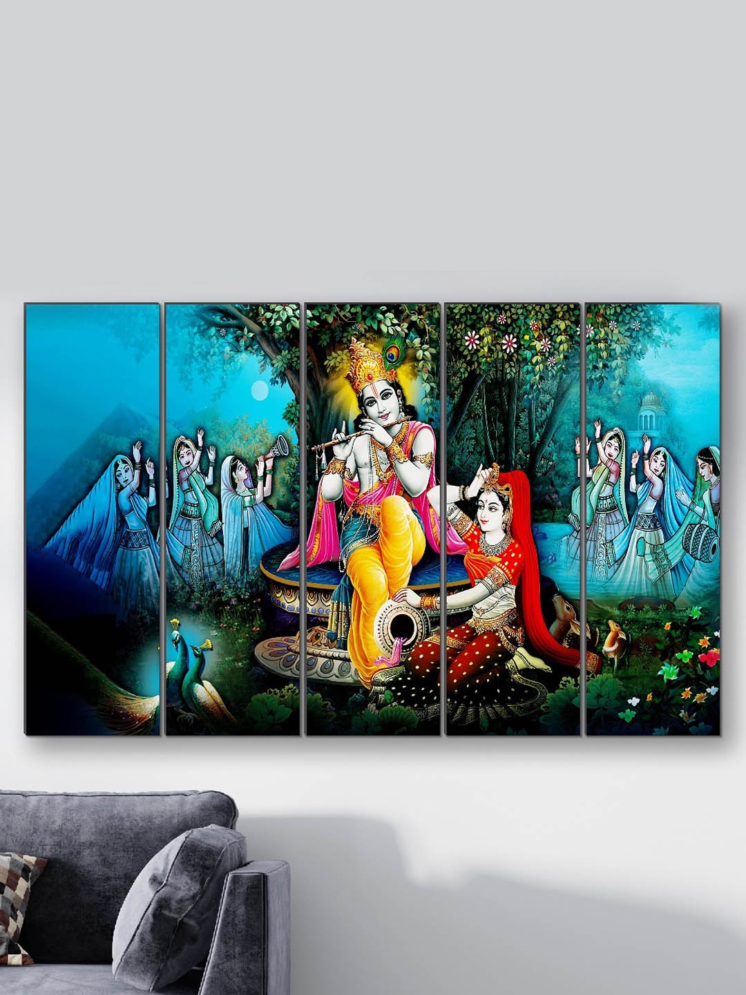 

SAF Blue & Yellow 5 Pieces Radha Krishna Religious Framed Wall Paintings