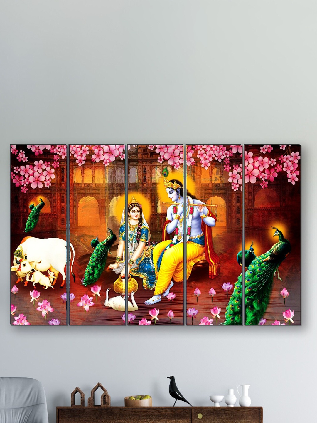 

SAF Pink & Yellow 5 Pieces Radha Krishna Religious Framed Wall Painting