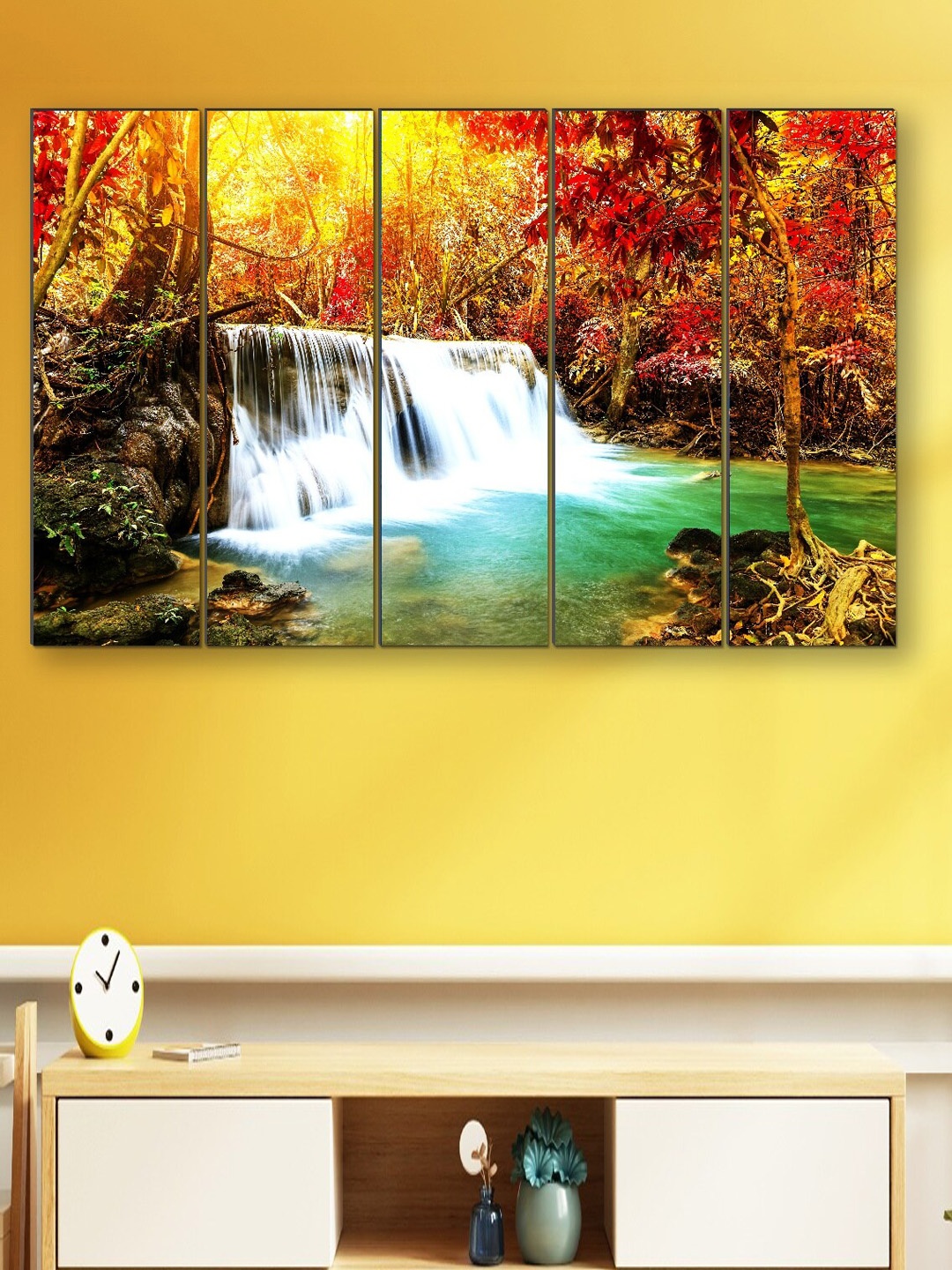 

SAF Yellow & Orange 5 Pieces Waterfall Nature Framed Wall Painting