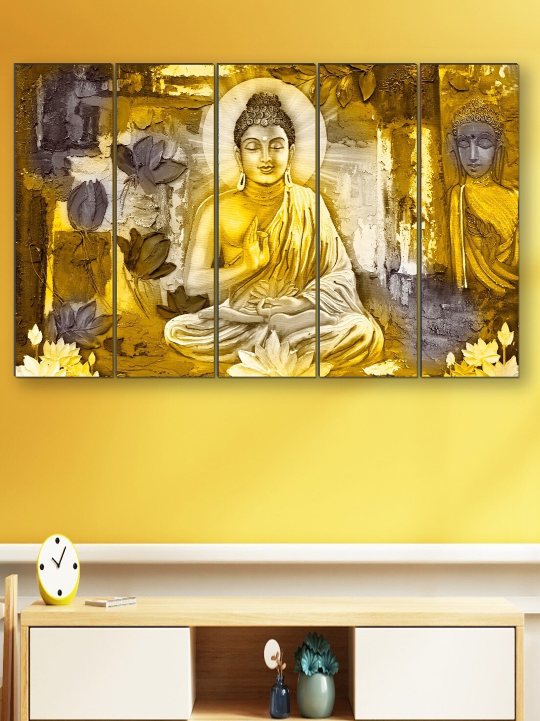 

SAF Yellow & Brown 5 Pieces Buddha Religious Framed Wall Painting