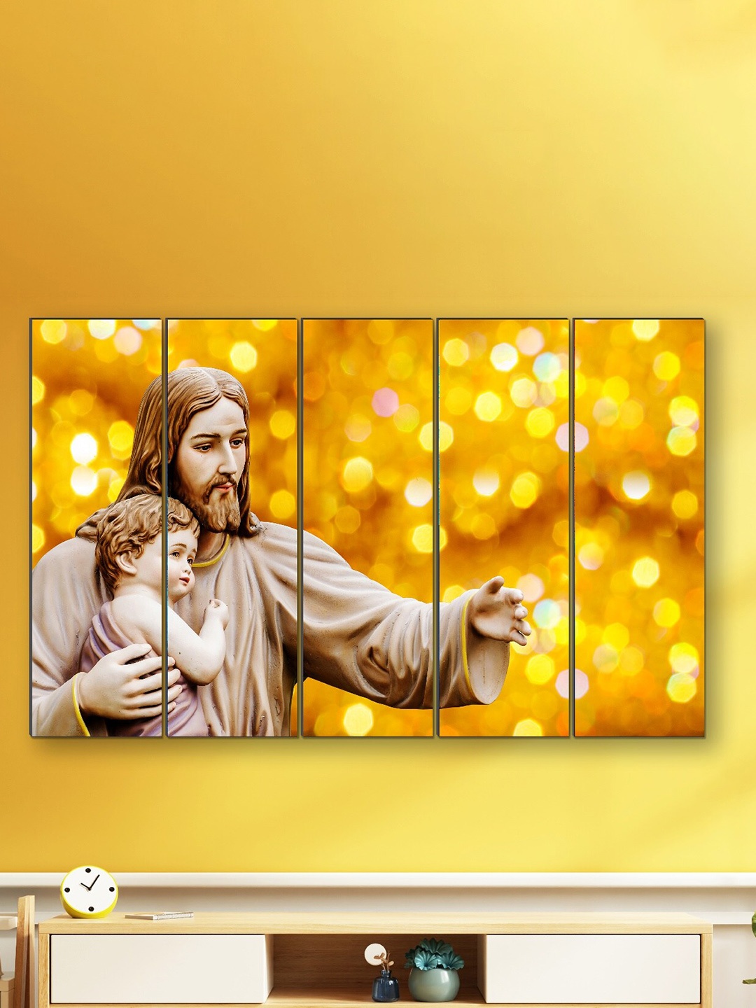 

SAF Beige & Yellow 5 Pieces Jesus Religious Framed Wall Painting