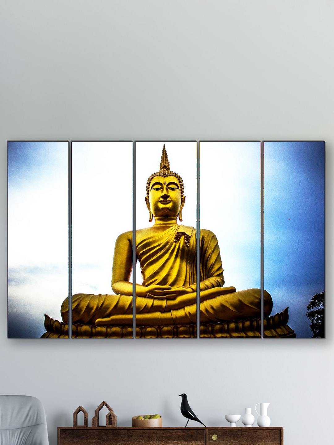 

SAF Blue & White 5 Pieces Buddha Religious Framed Wall Painting, Gold