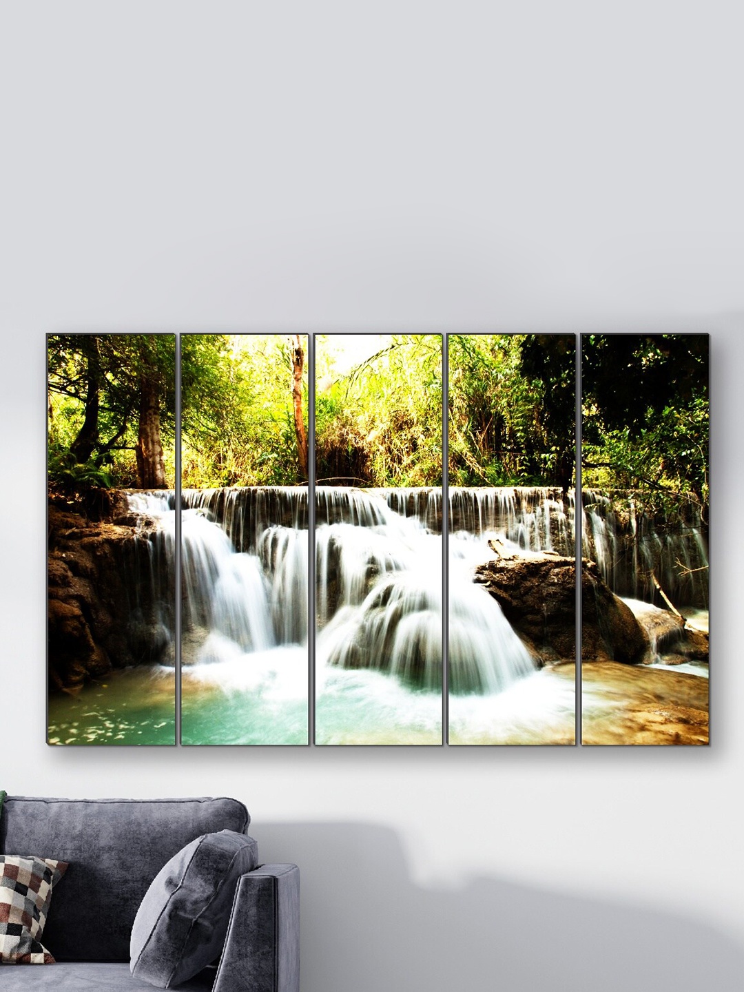 

SAF Green & Yellow 5 Pieces Waterfall Nature Framed Wall Painting